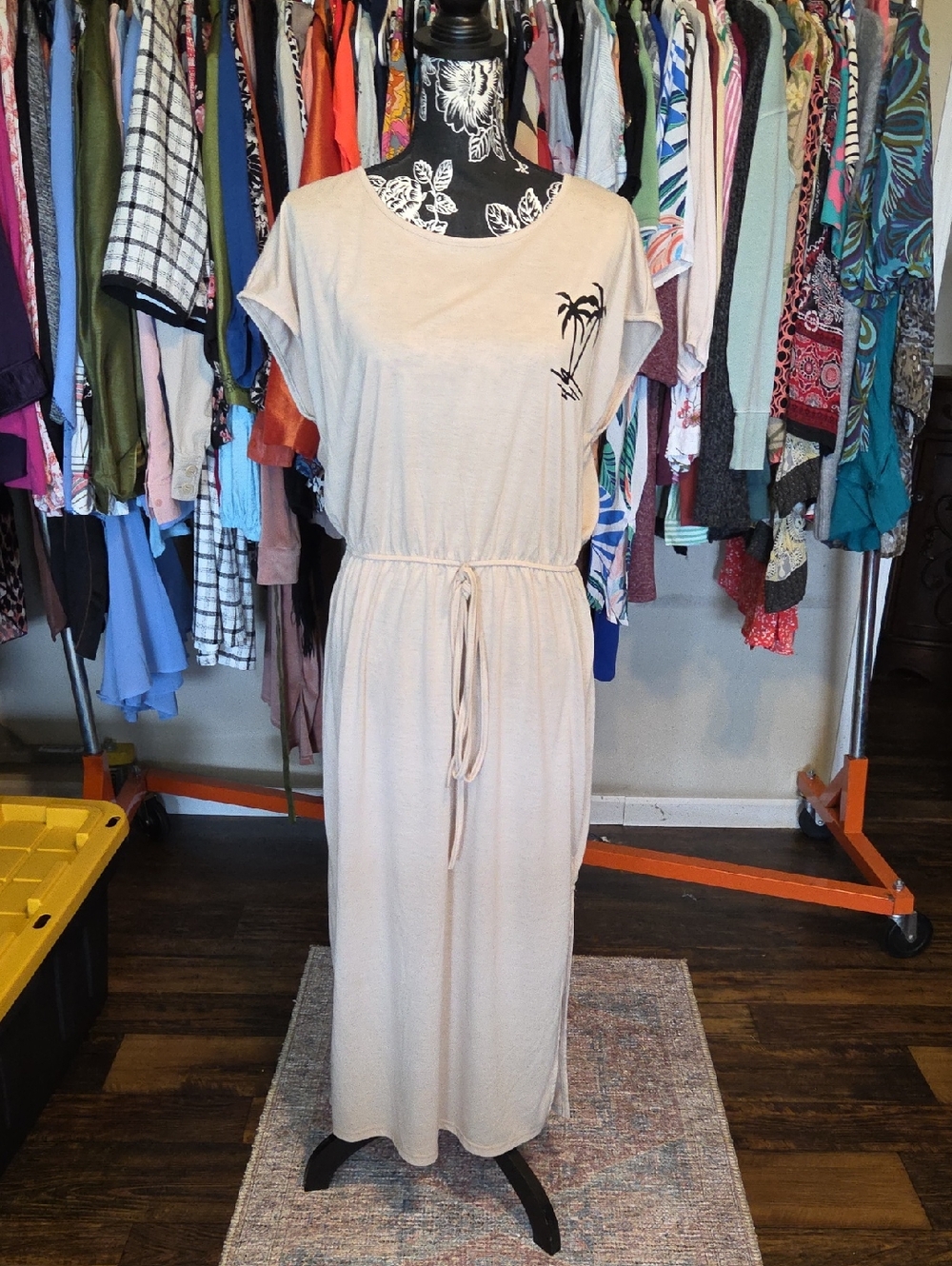 Source Unknown Beige Maxi Dress with Palm Tree Detail
